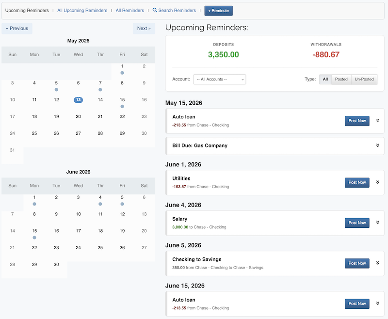 ClearCheckbook Reminders and Recurring Transactions