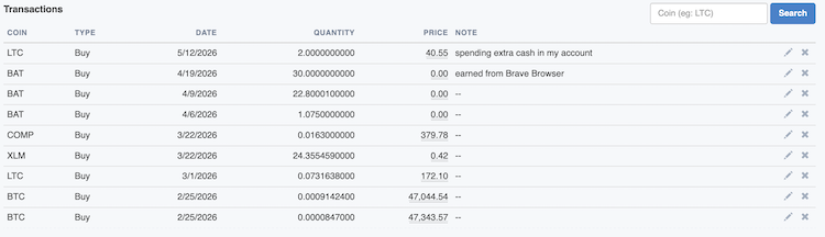 Crypto Portfolio - Transactions List