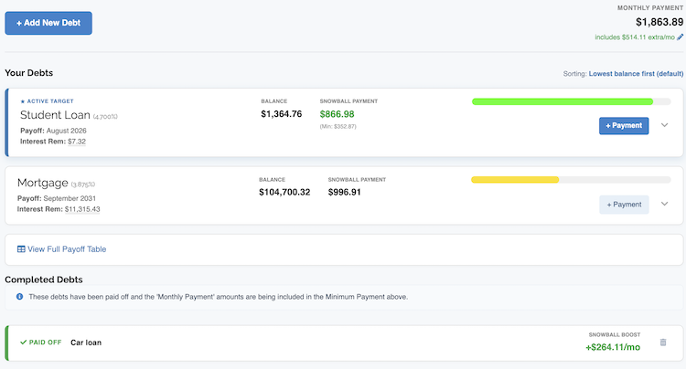 Debt Snowball Calculator - List of Debts