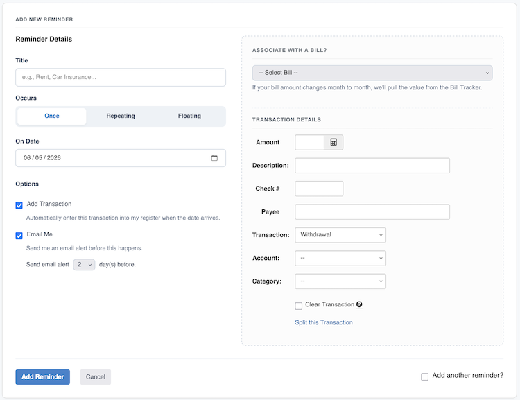 Recurring Transactions - Adding Reminder